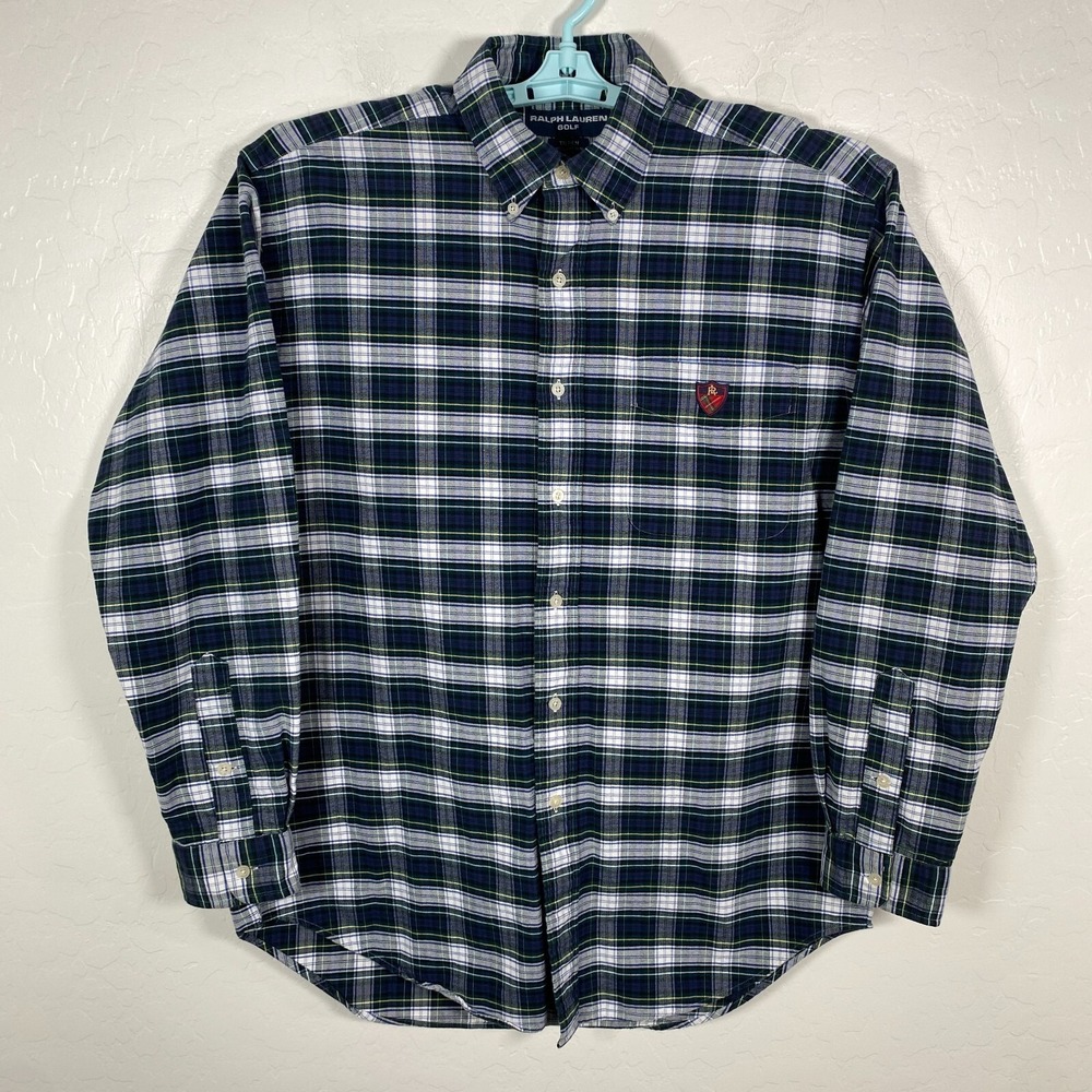 Ralph Lauren Shirt Mens Medium Blue Button Down Oxford Golf Tartan Plaid Crest‎